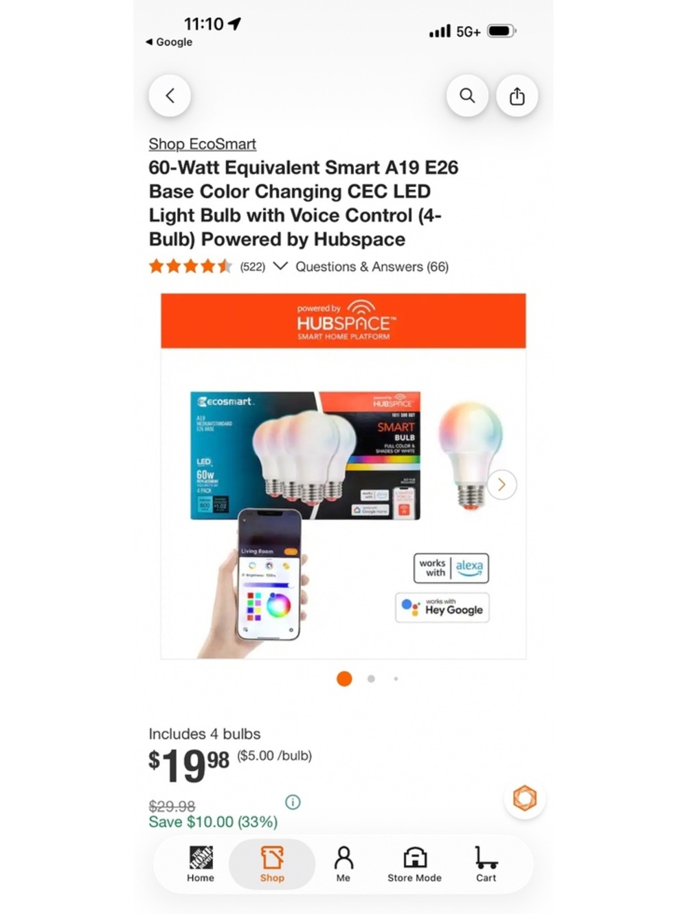 Ecosmart Hubspace A19 Smart LED Bulb 4 Pack 60W